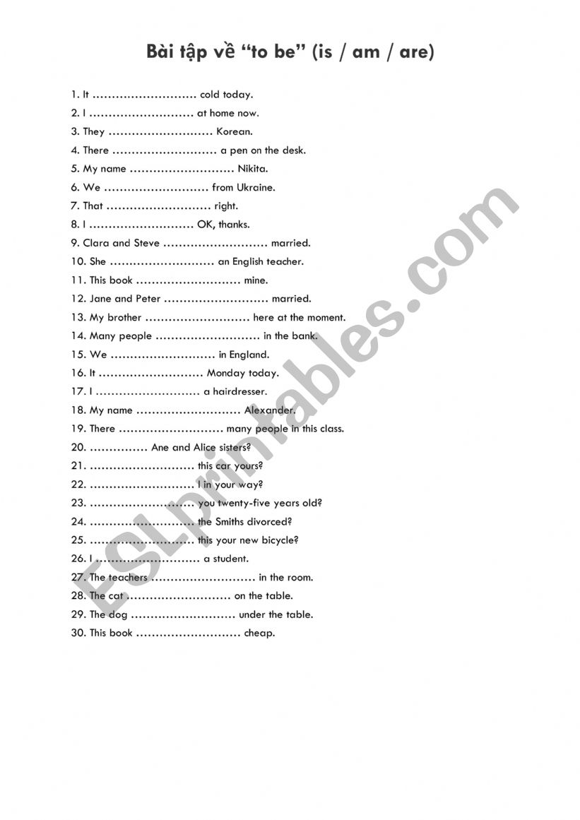 Be and Subject worksheet