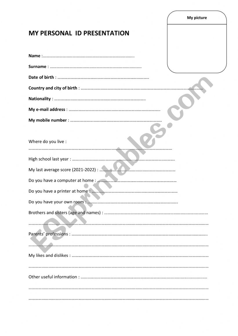 My own personal ID worksheet