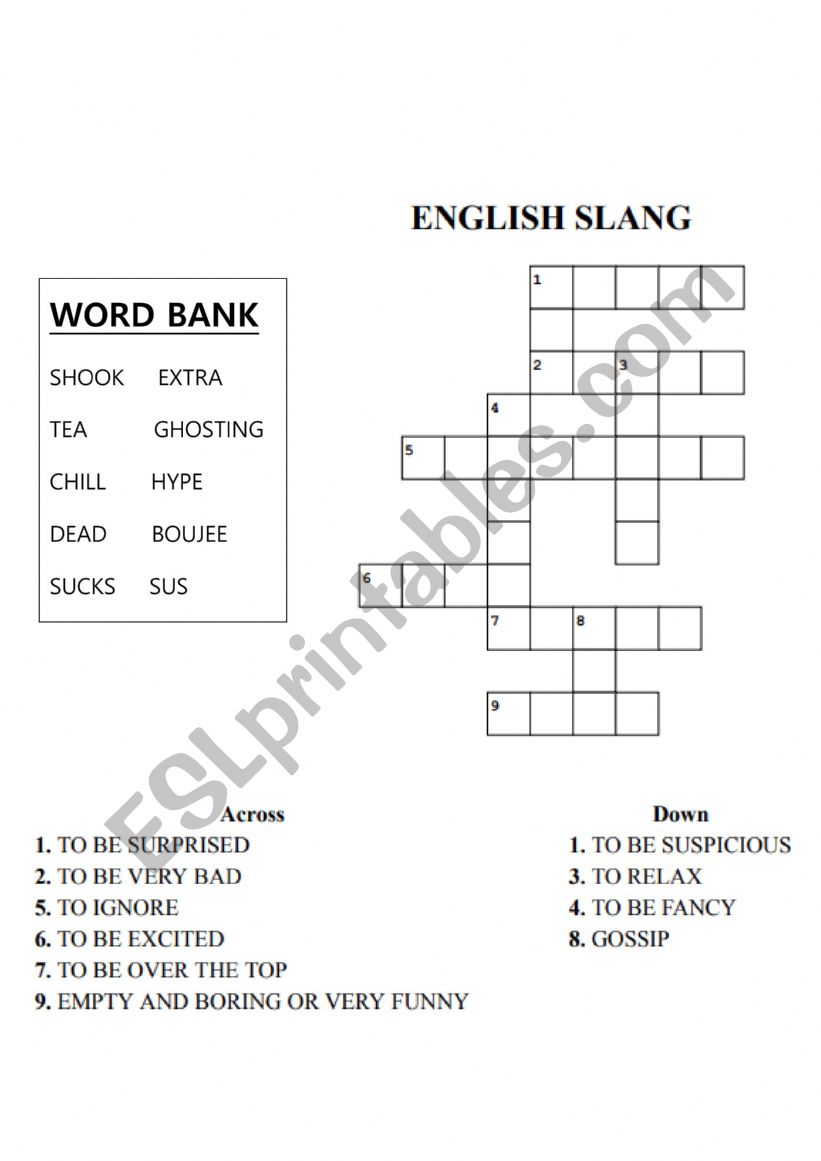 American Slang Crossword Puzzle ESL worksheet by yesigal
