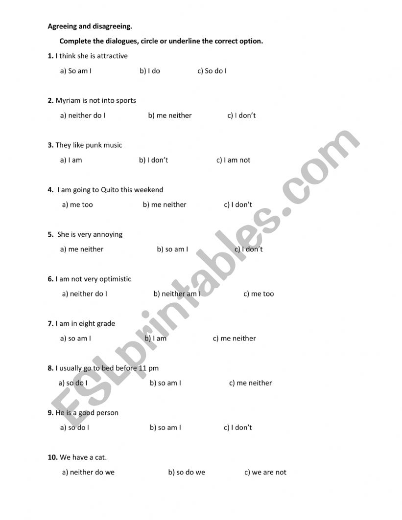 Agreeing and disagreeing worksheet