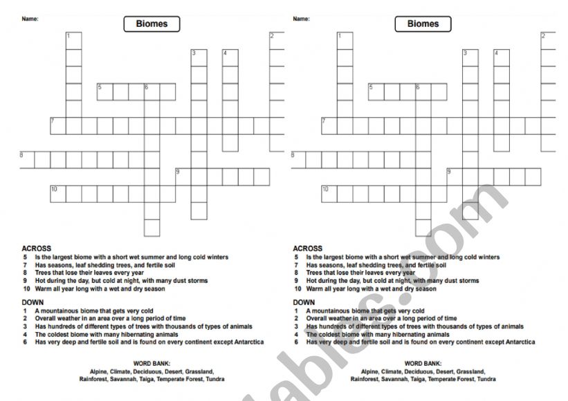 Biome crossword worksheet