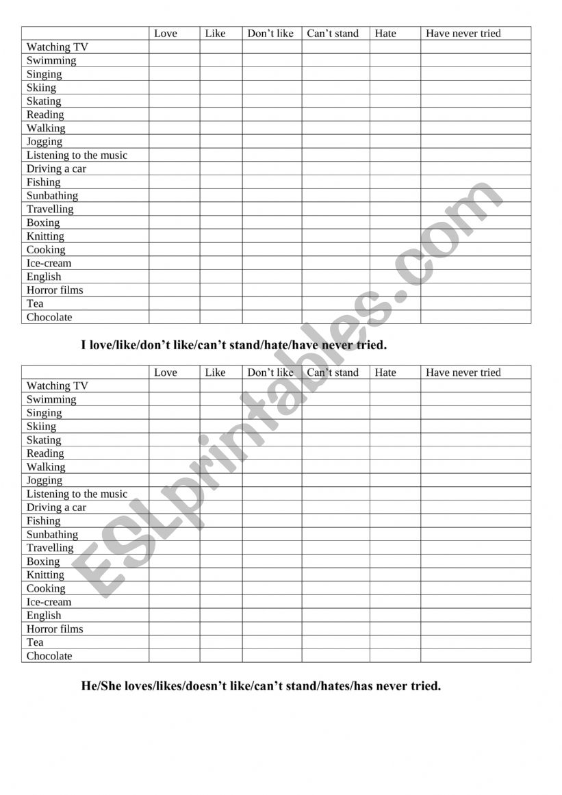 Likes and Dislikes survey worksheet