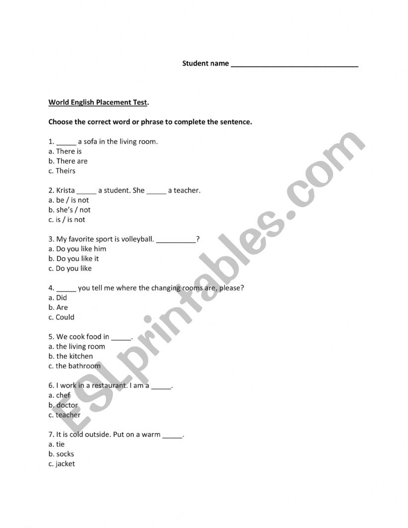 World English Placement Test worksheet