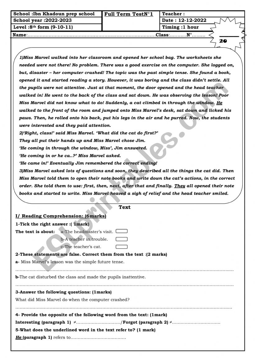 Full Term Test N°1 8th Form Tunisian Students - Esl Worksheet By Adamahmed