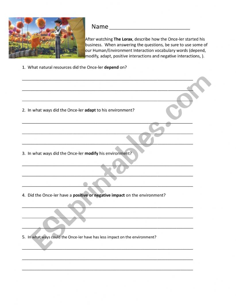 Lorax Movie Questions worksheet