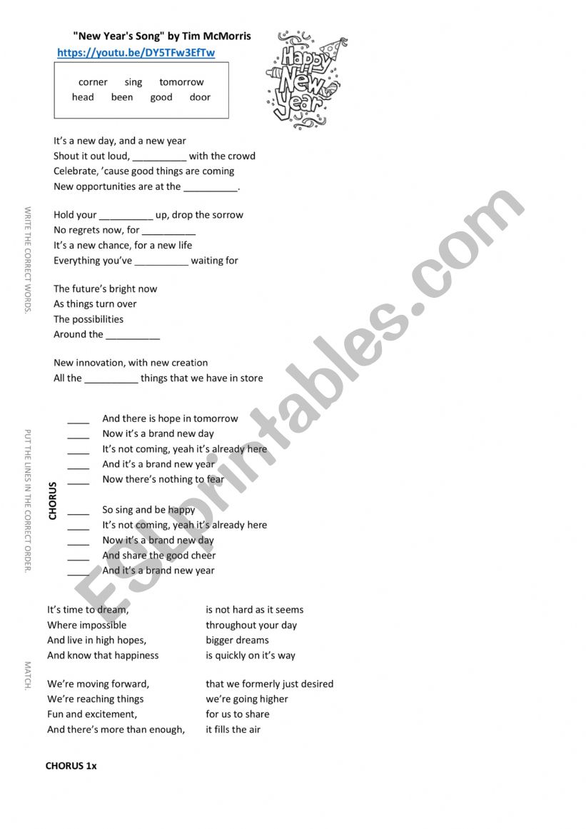 New Year song by Tim McMorris lyrics worksheet with key