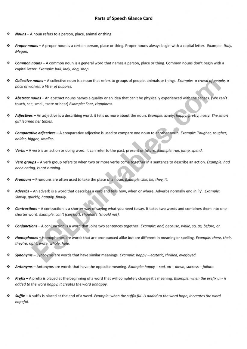 Parts of speech glance card worksheet