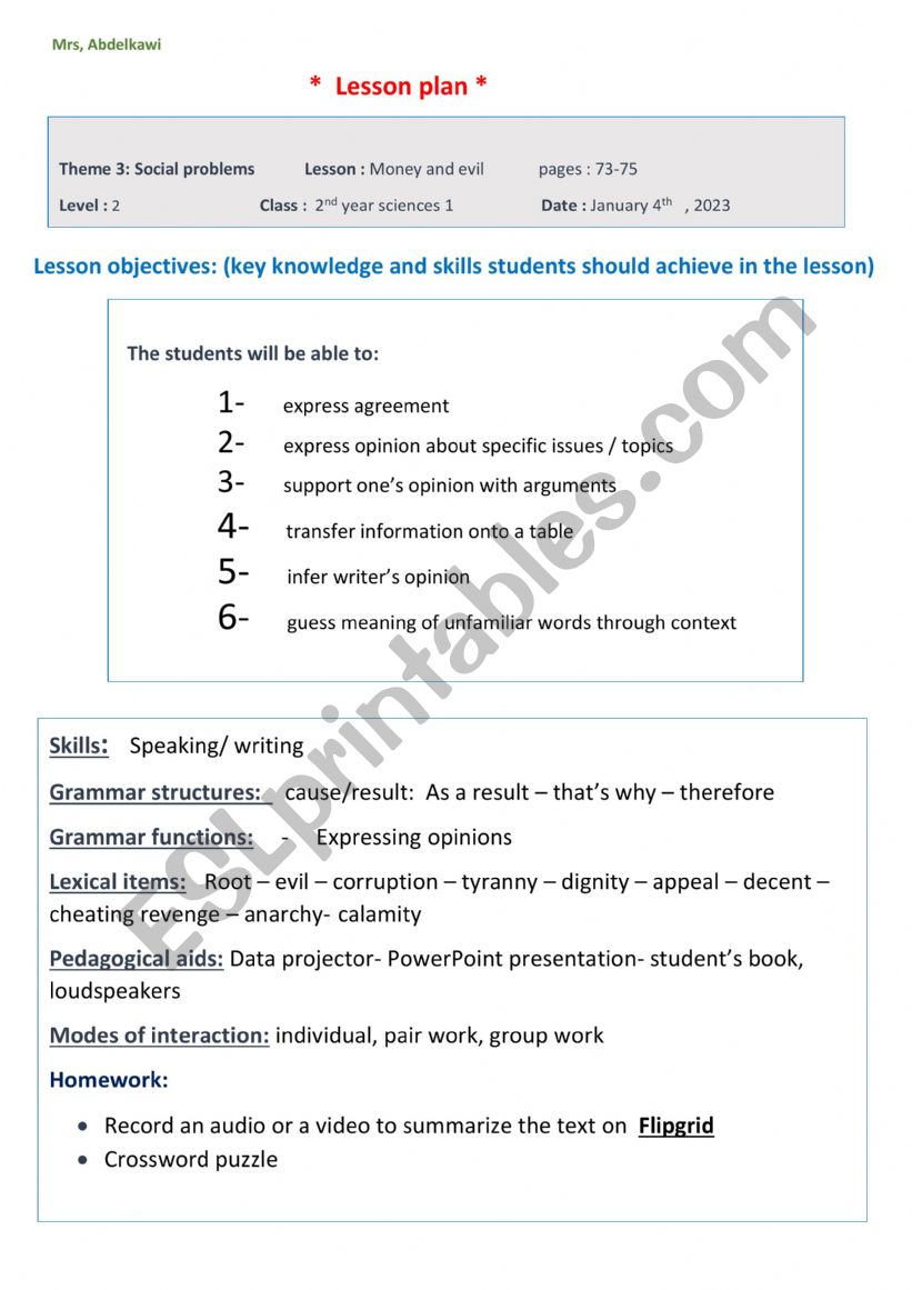 money and evil lesson plan worksheet