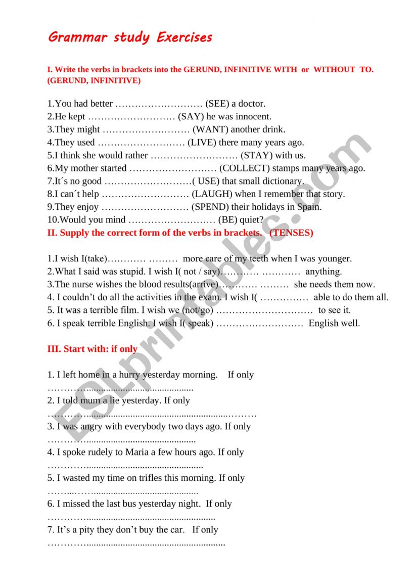 Grammar study Exercises tenses/infinitive and gerund/reported speech  worksheet