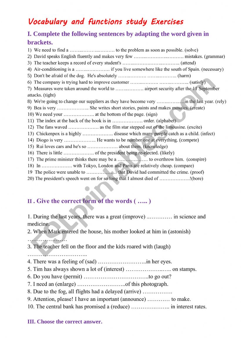 Vocabulary and functions study /Exercises worksheet