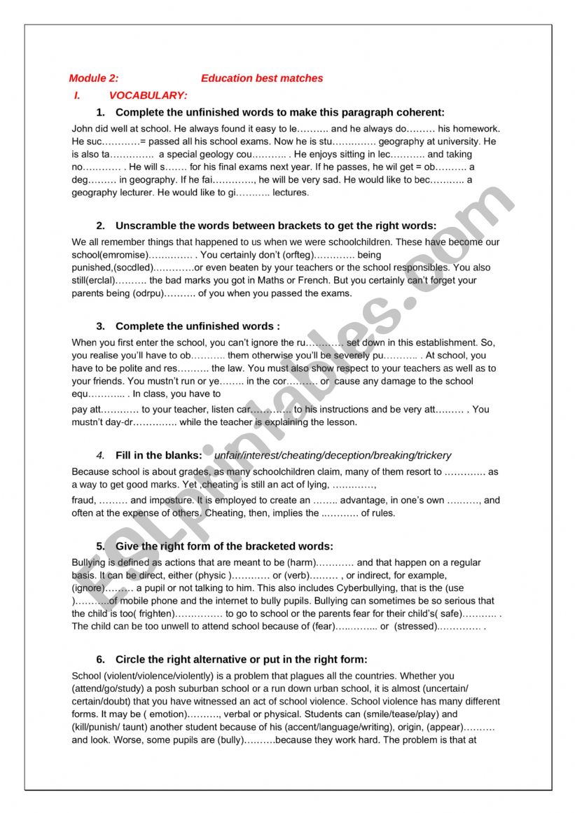 Education worksheet