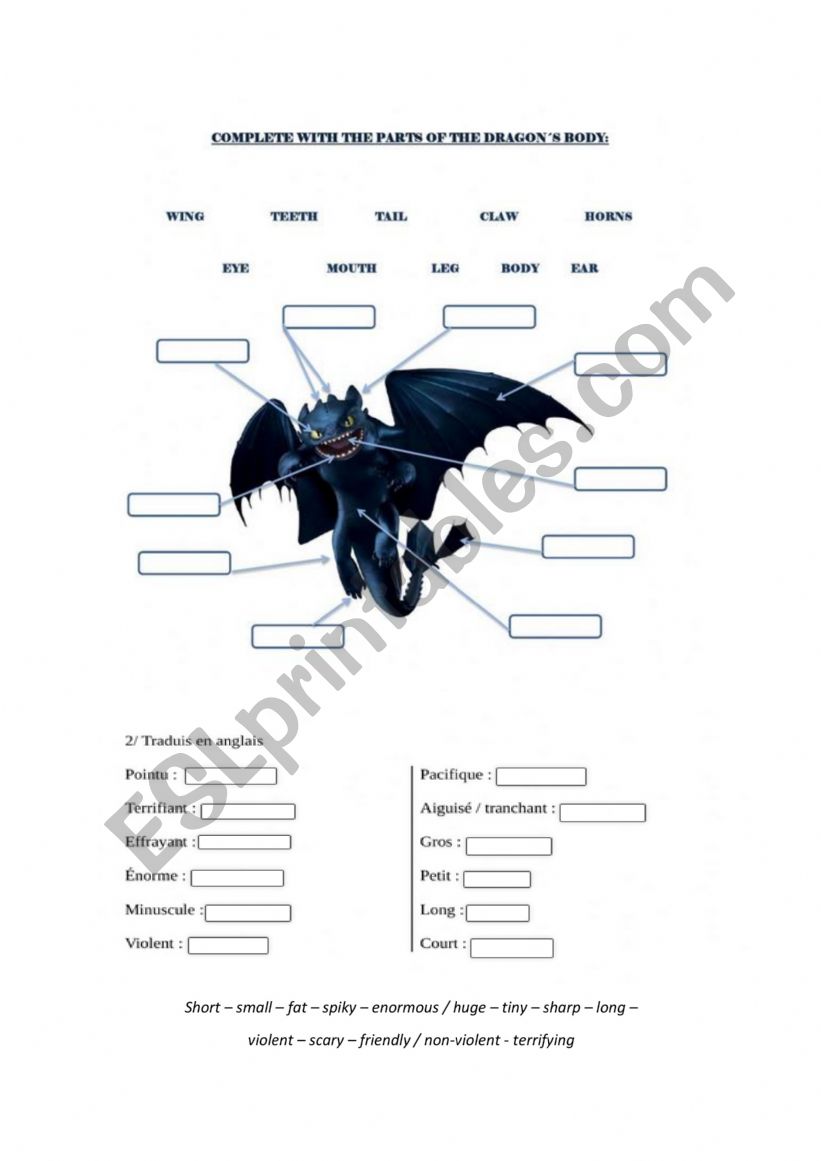 dragons vocabulary worksheet