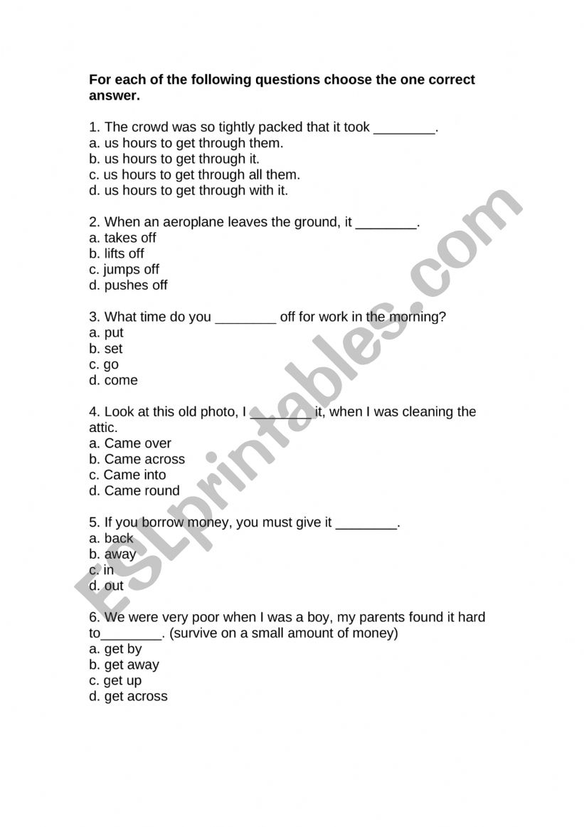 Phrasal Verbs Multiple Chioce worksheet