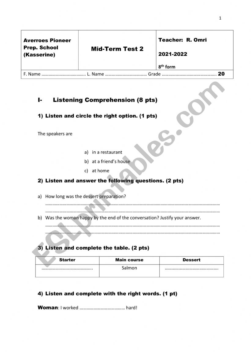 8th form test 2 (2023) worksheet