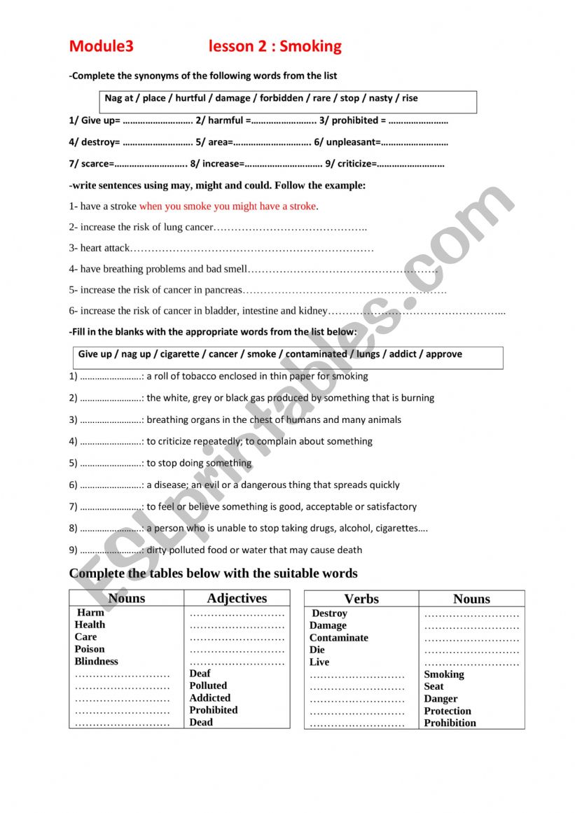 Smoking and health lesson2 worksheet