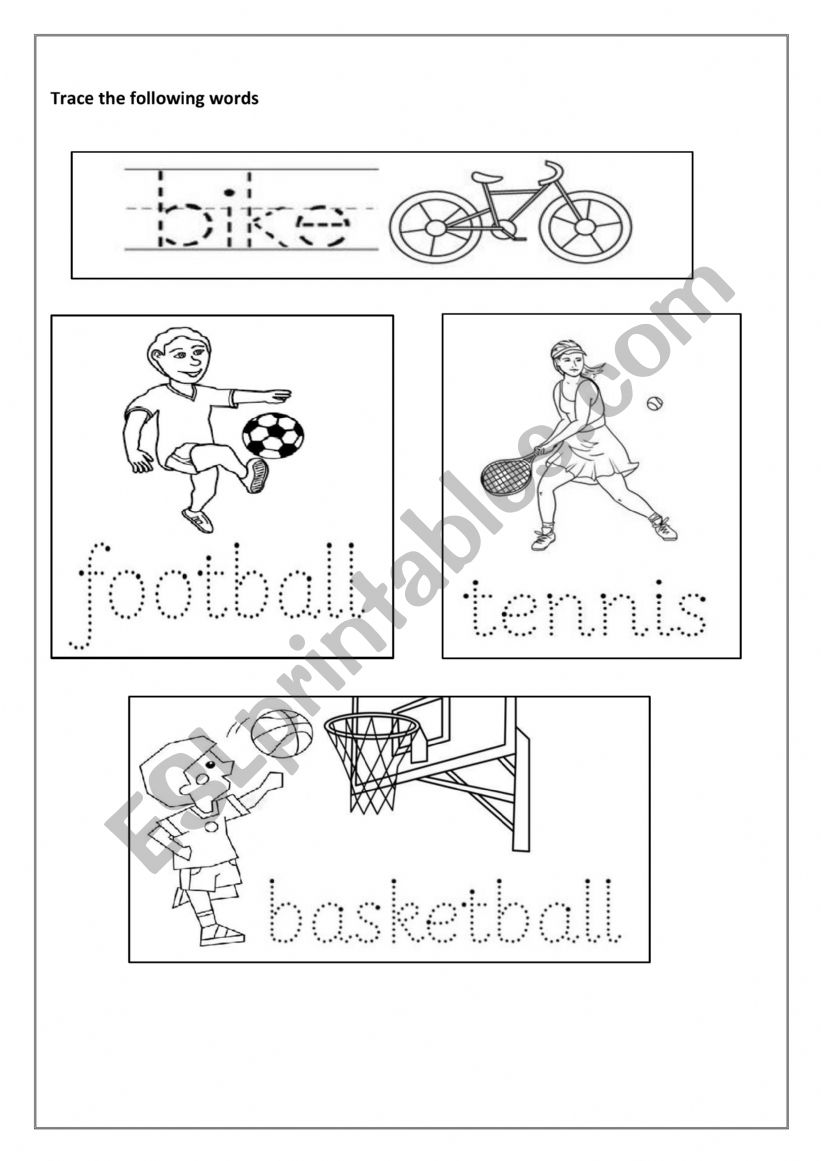 preschoolers worksheet about sports- tracing words