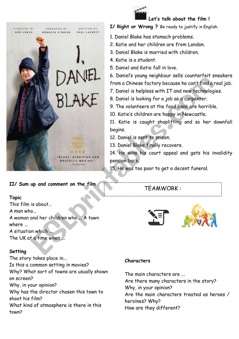 I daniel Blake  worksheet