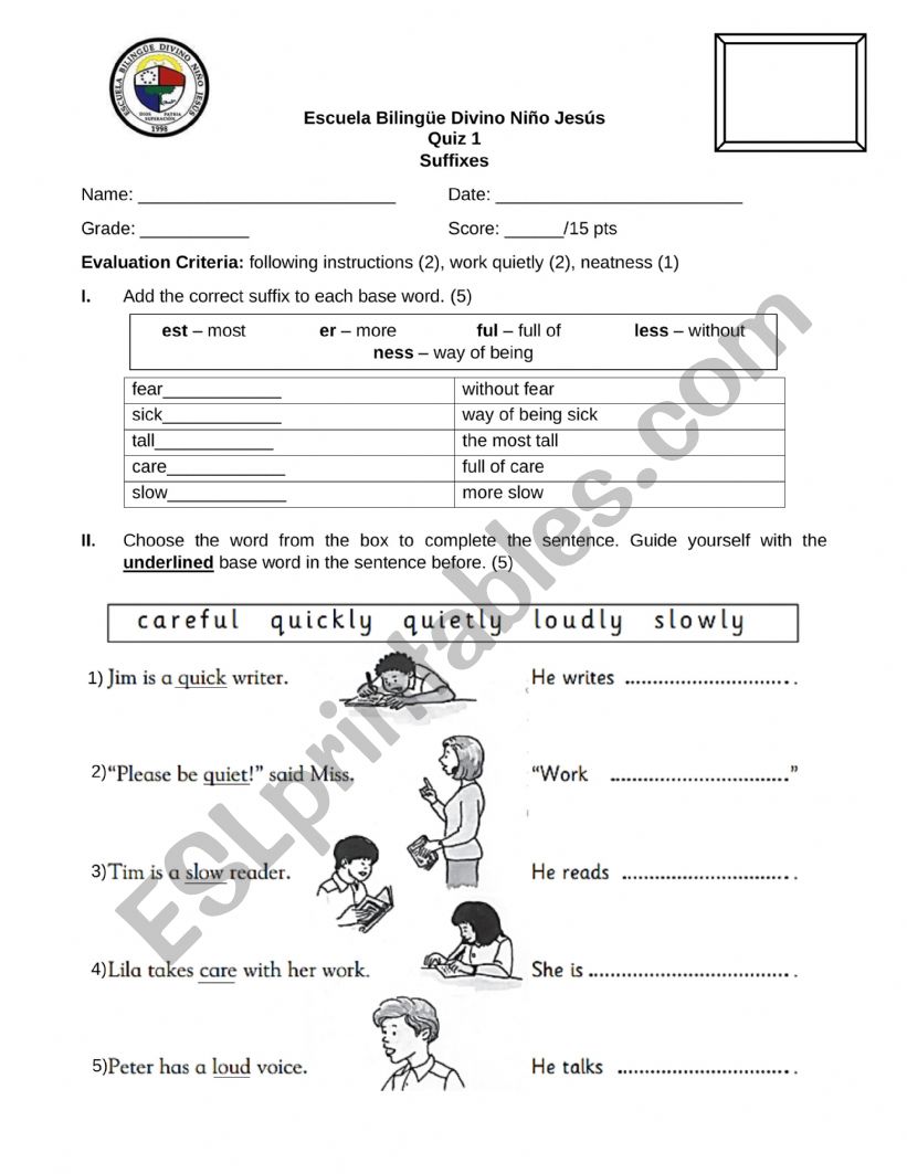 Suffixes test worksheet