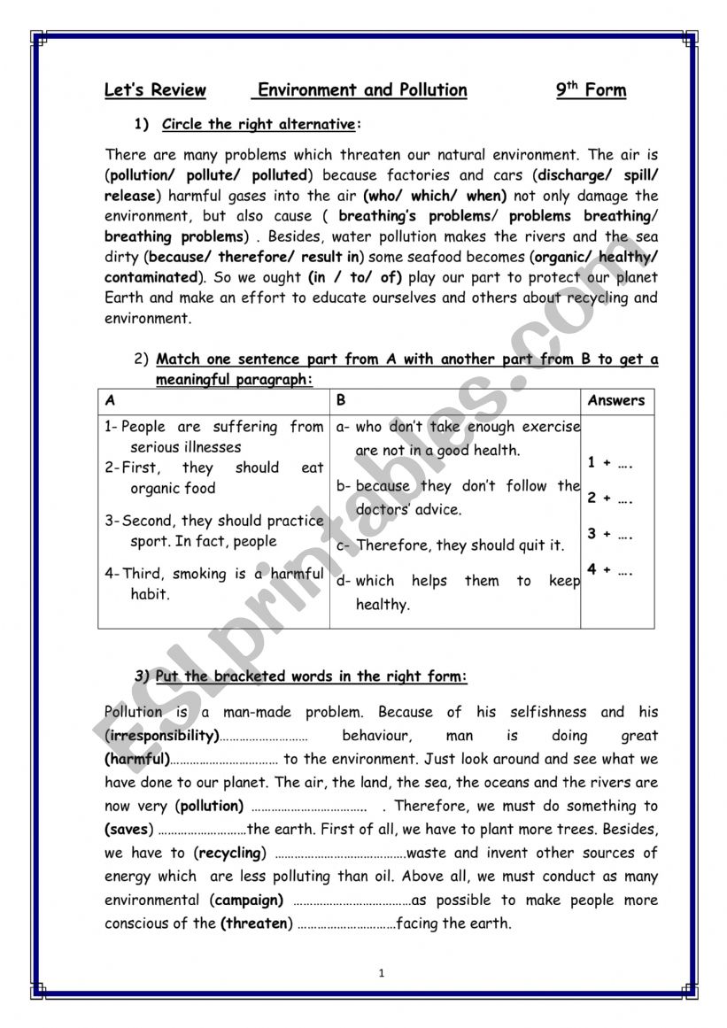 Lets Review       Environment and Pollution            9th Form