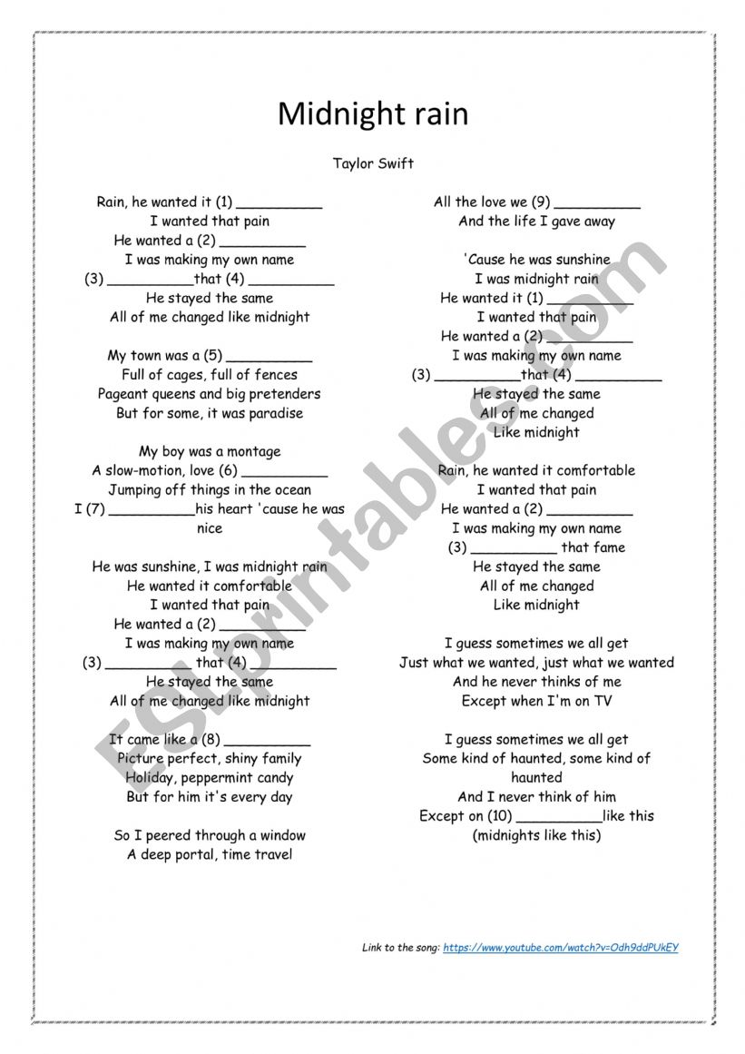 Midnight Rain Taylor Swift Song ESL Worksheet By Cristinaantonprofe