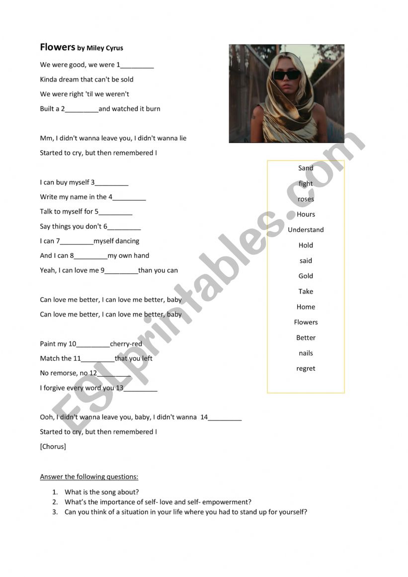 Flowers By Miley Cyrus Esl Worksheet By Riosmariana9