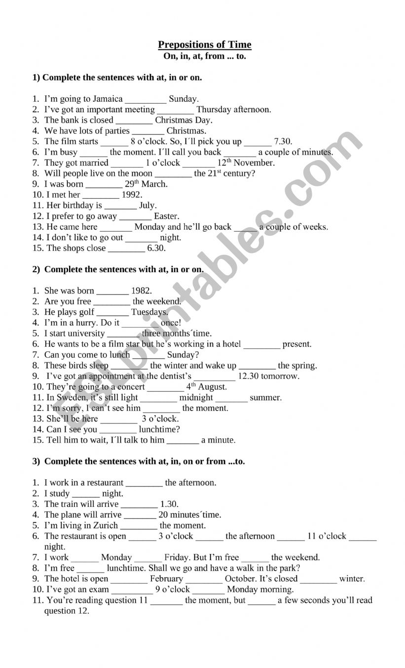 Prepositions of time worksheet