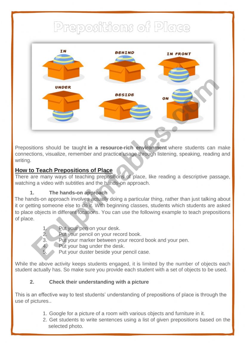 Prepositions of Place worksheet