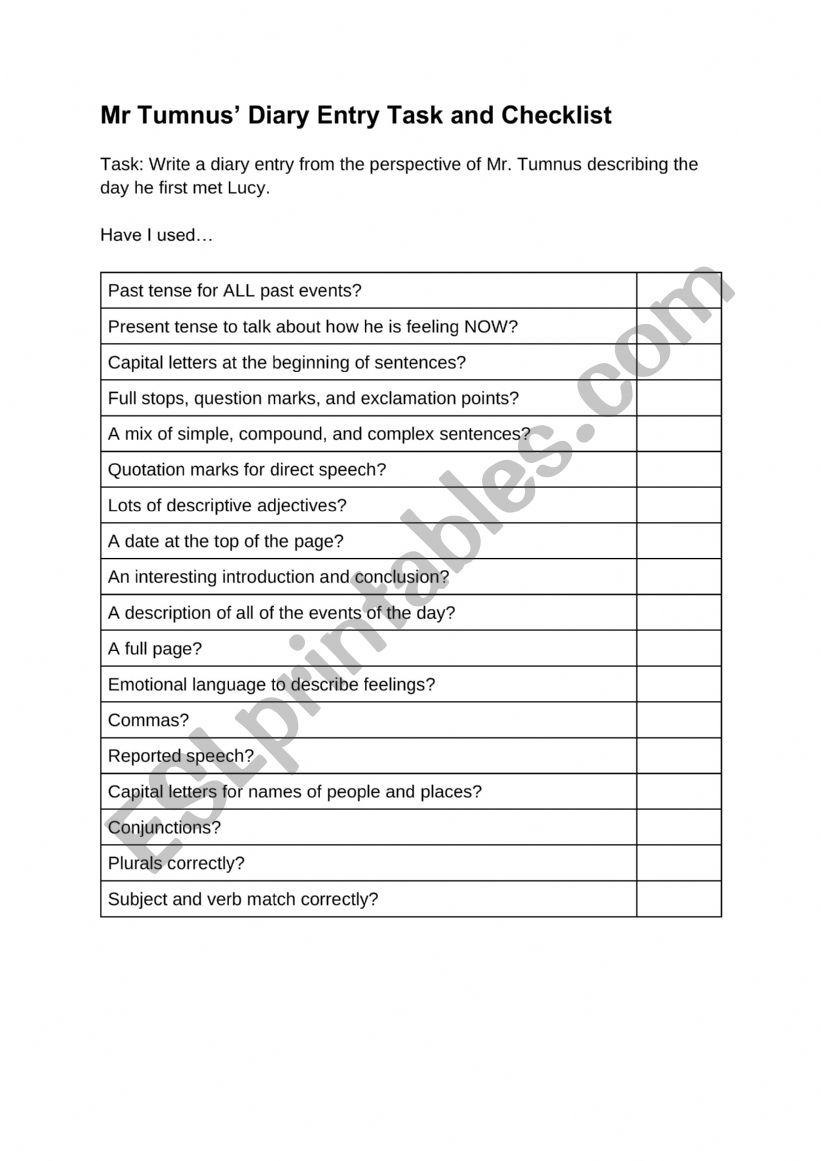 Diary Entry Checklist worksheet