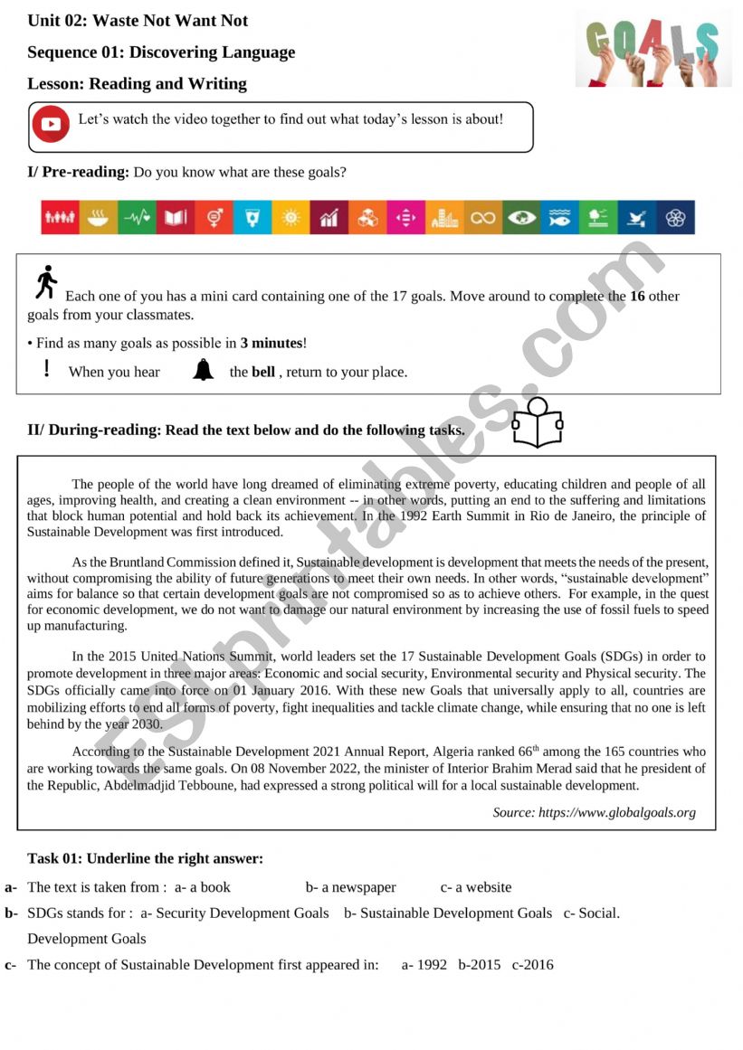 Sustainable Develpment Goals worksheet