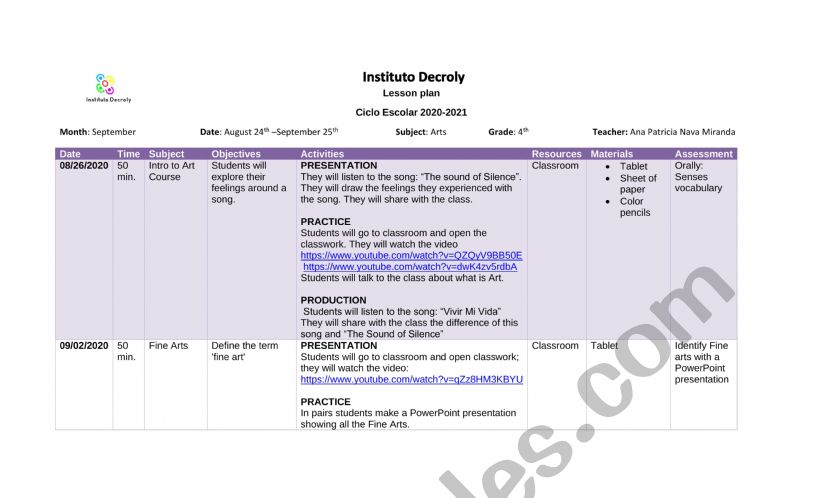 Arts 4-6th grades Lesson Plan worksheet