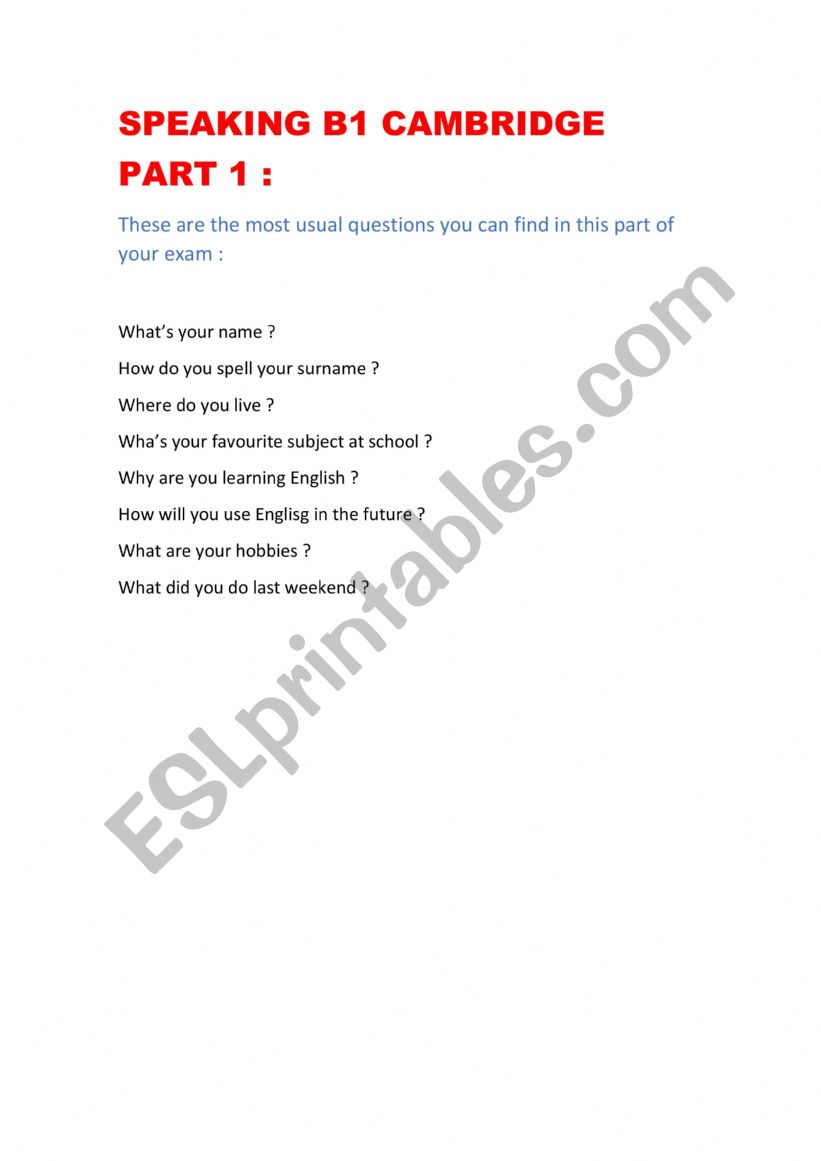 Speaking part 1 Cambridge worksheet