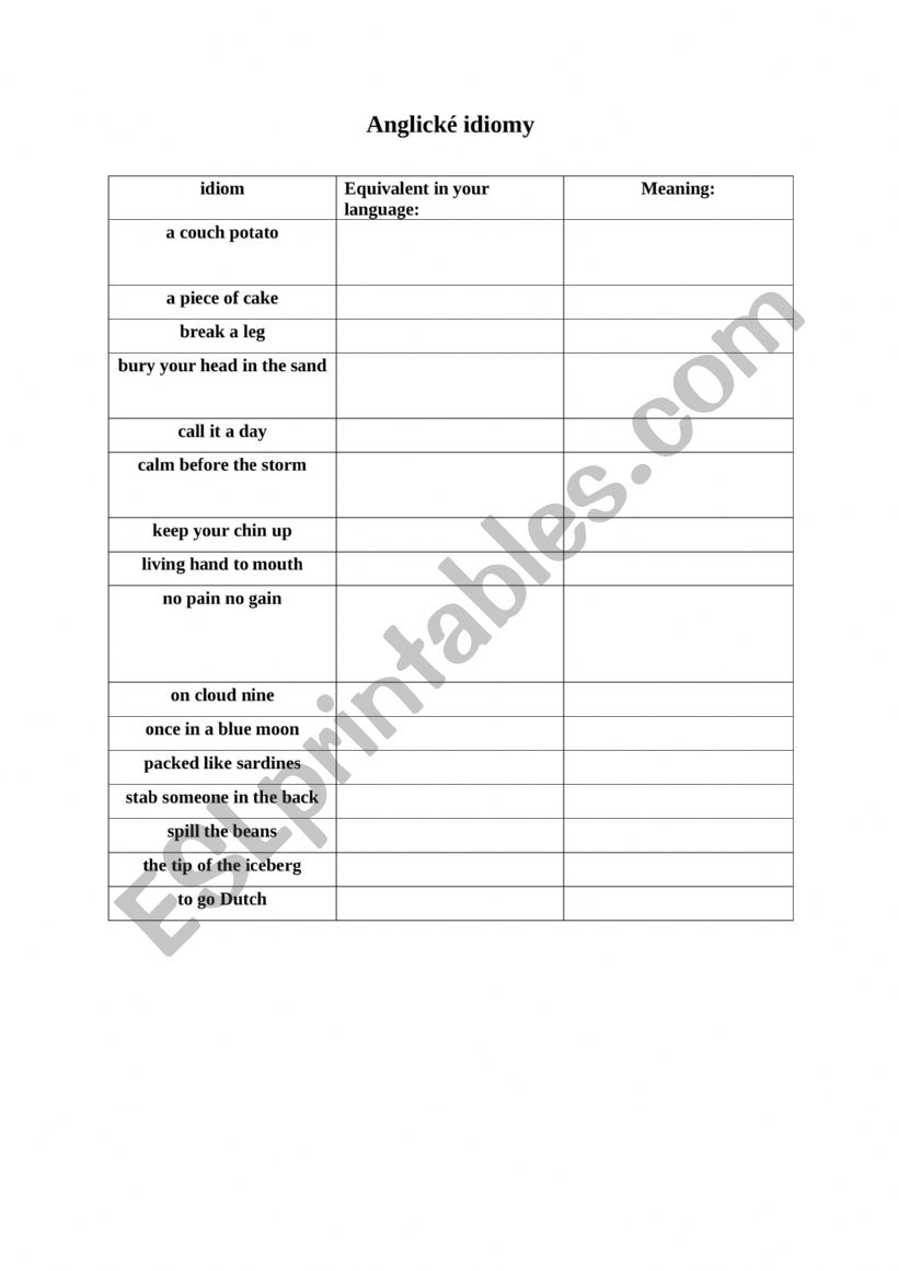 English idioms  worksheet