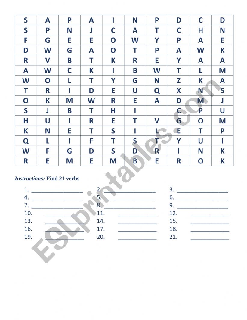 Word Search Puzzle Action Verbs
