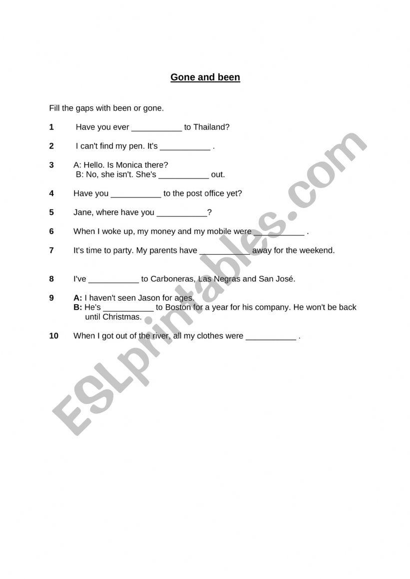 Been and Gone exercises worksheet