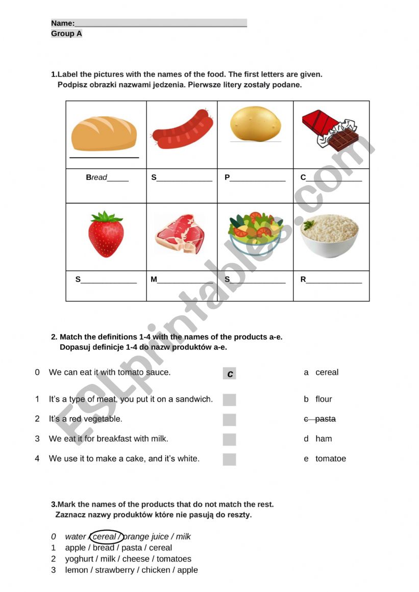 Food test worksheet