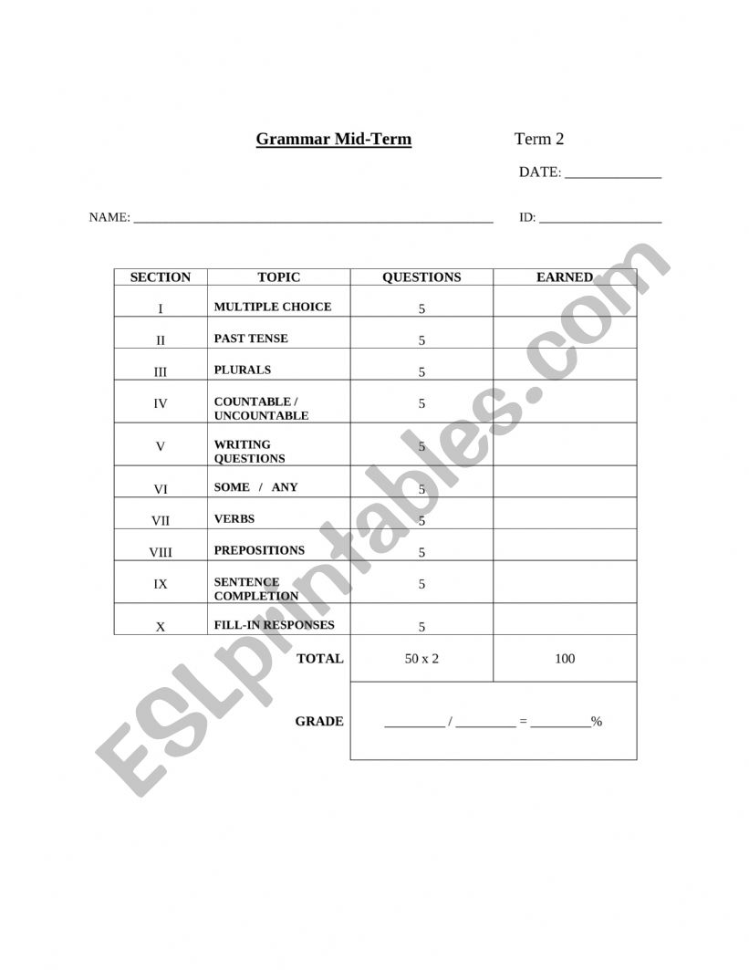 Grammar Mid-Term Intermediate Module - 50 Questions