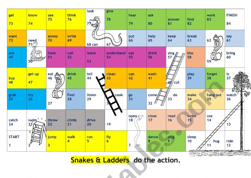 snakes  and ladders verbs worksheet