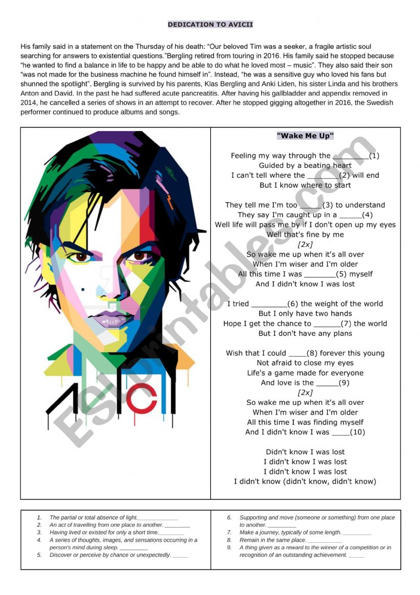 wake me up by Avicii worksheet