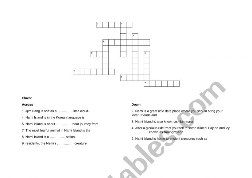 Nami Island Crossword Puzzle worksheet