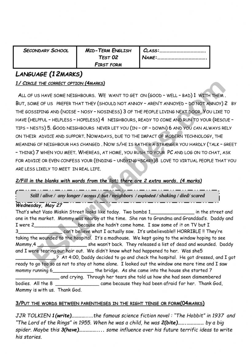 First form mid term test n2  worksheet