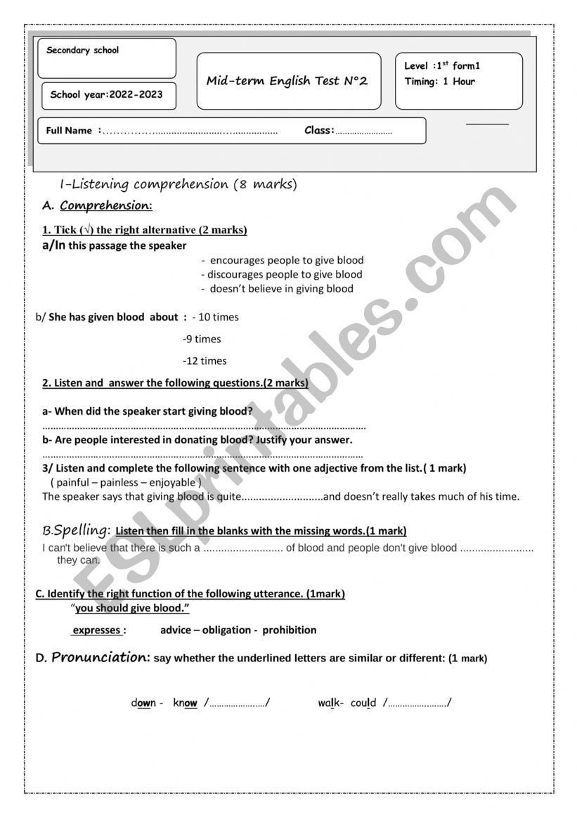 First form mid term test n2: worksheet