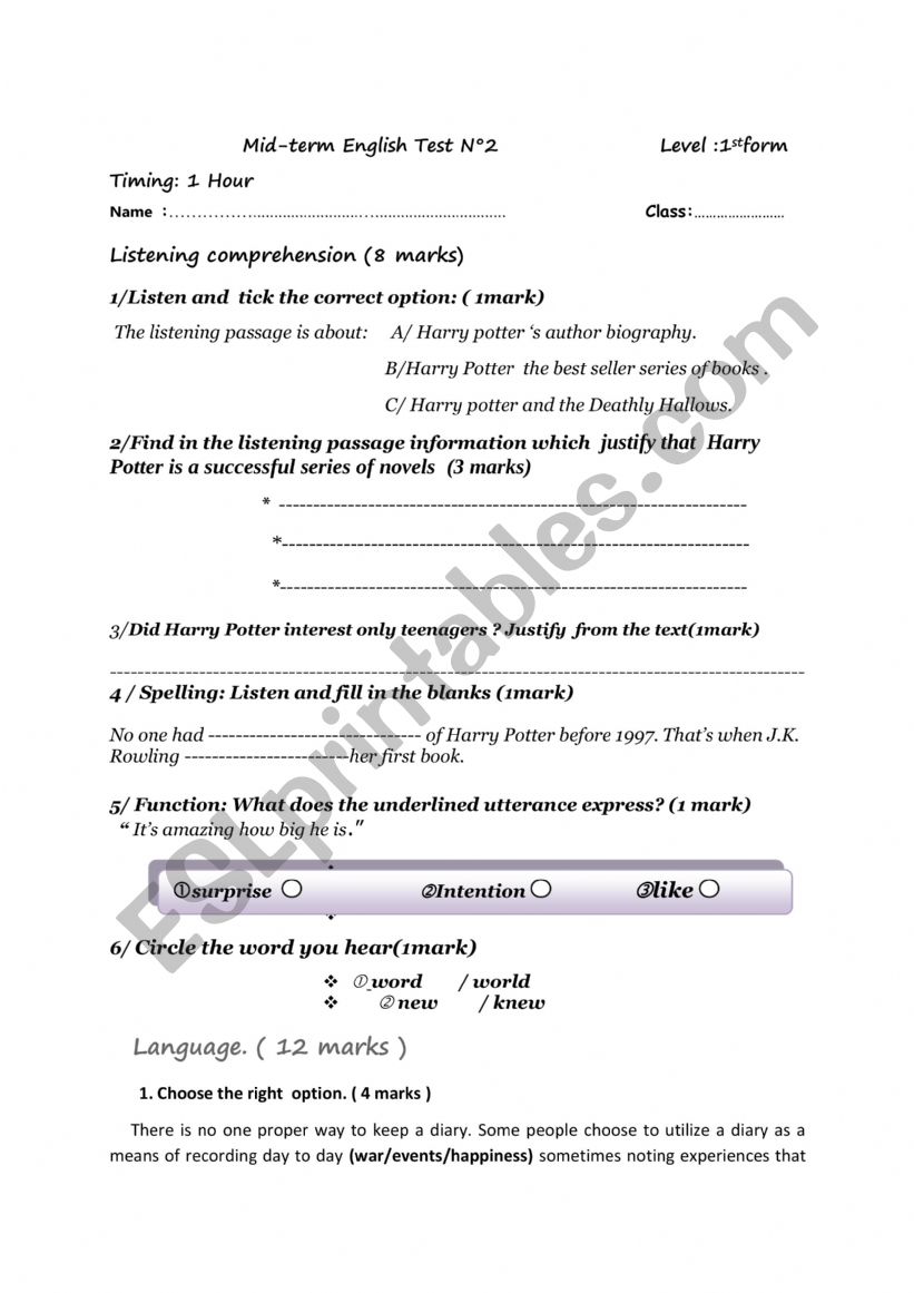 First form mid term test n2// worksheet