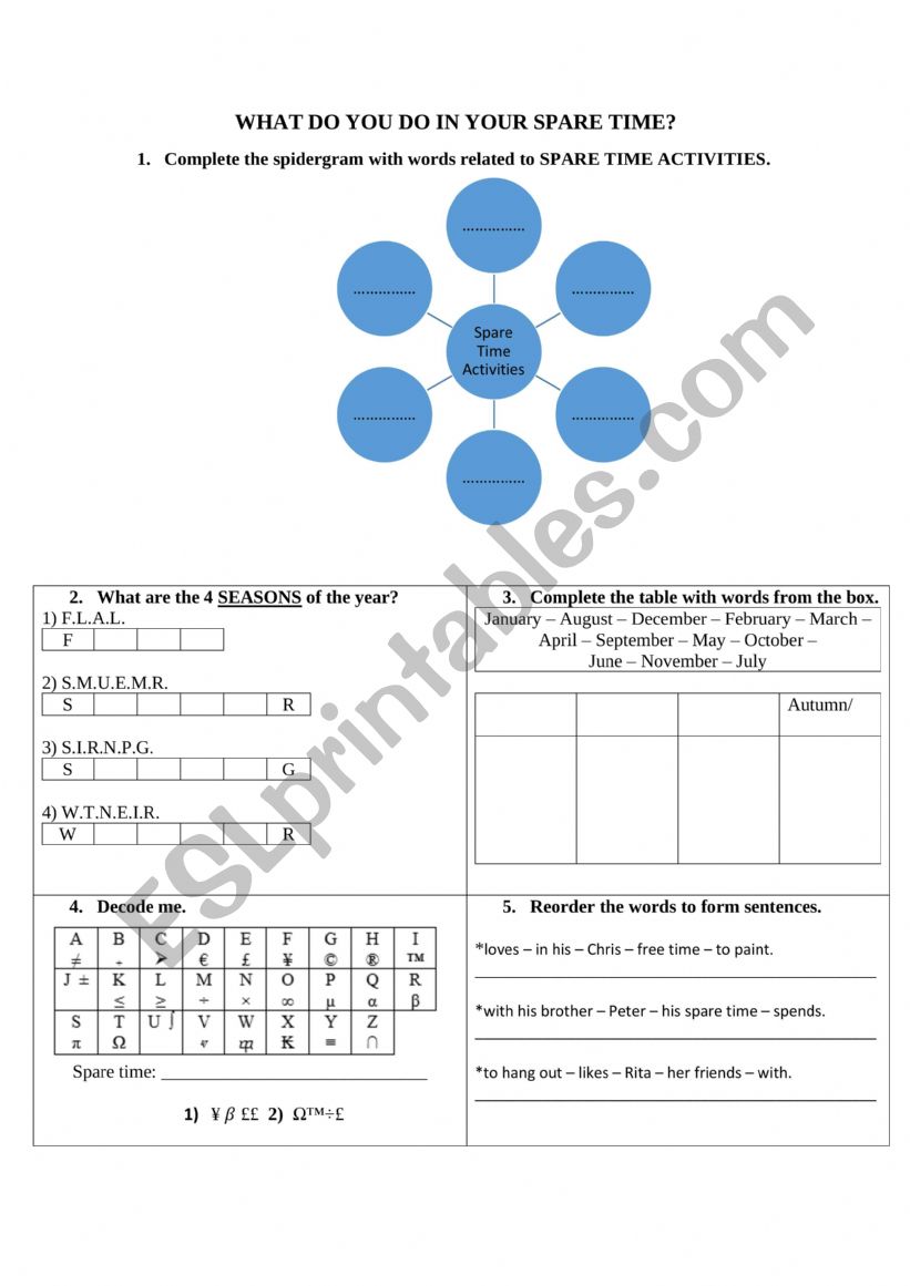 Group session spare time worksheet