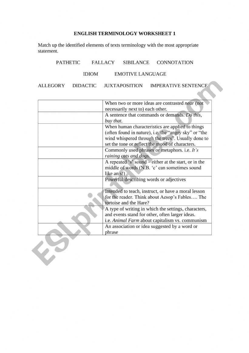 English Terminology 1,2,3  worksheet