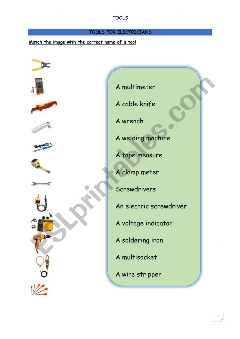 Tools for electricians worksheet