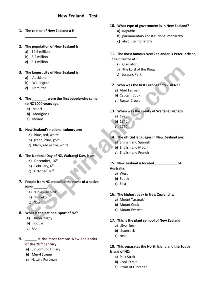 New Zealand-test worksheet