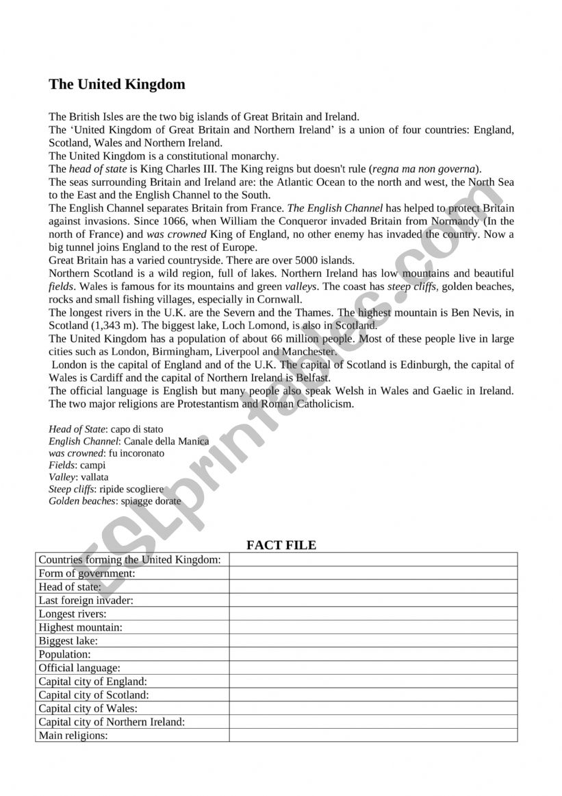 The United Kingdom worksheet