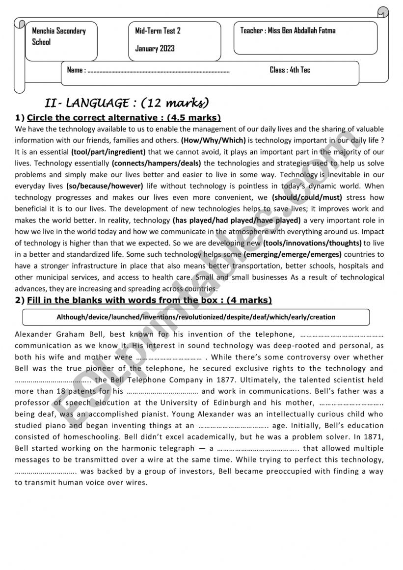 mid term test 2 worksheet