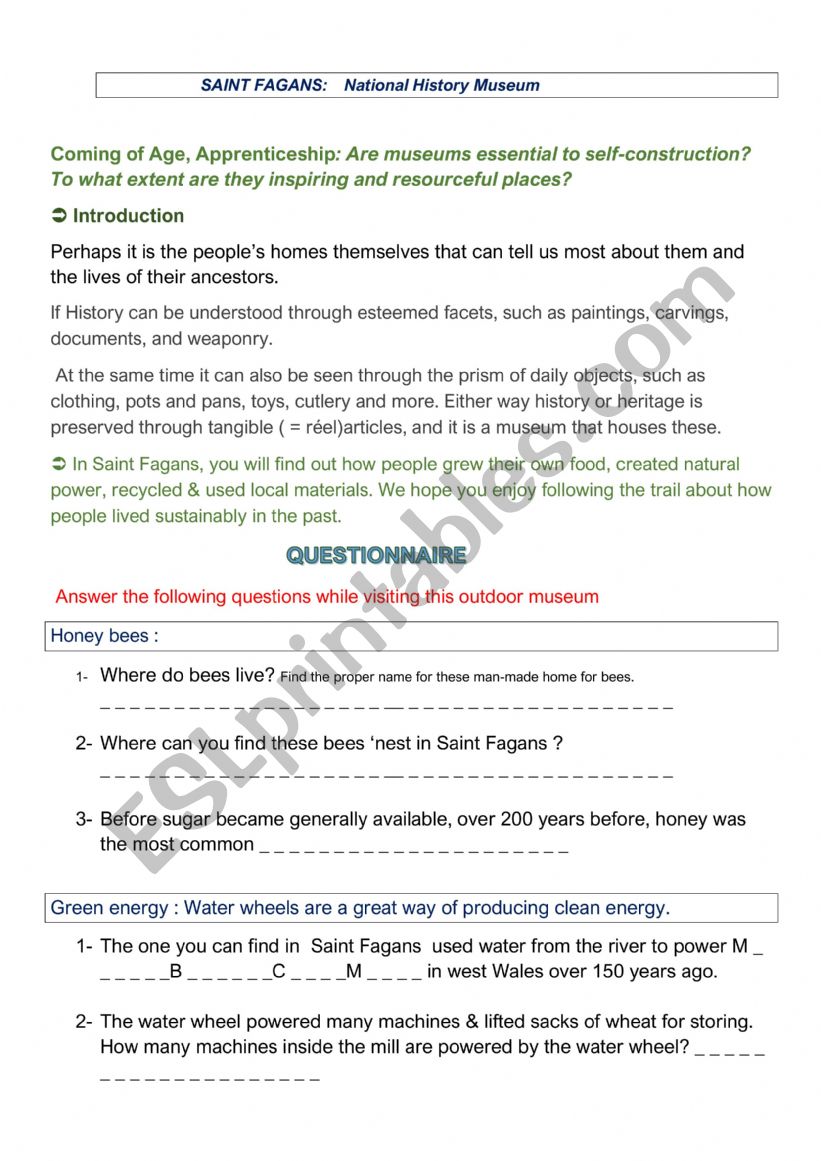 Saint Fagans Museum worksheet