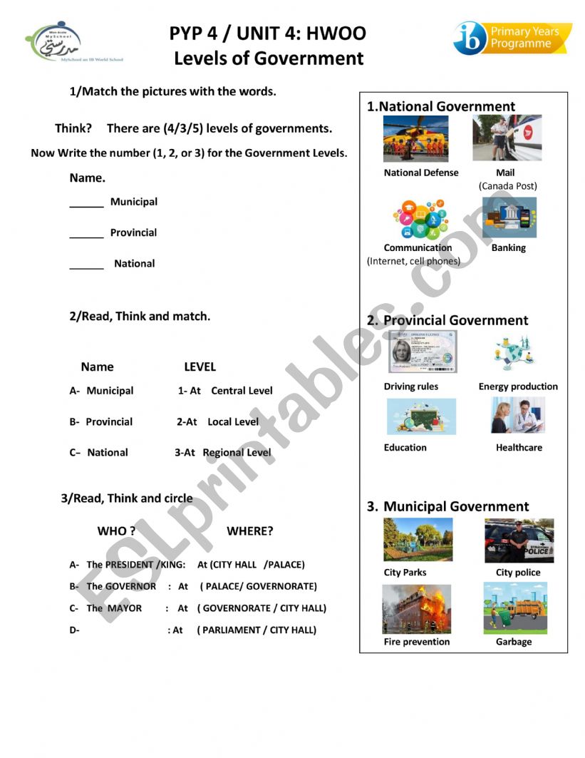 levels of governments worksheet